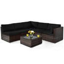 6 Pieces Patio Rattan Furniture Set with Cushions and Glass Coffee Table-Black