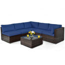 6 Pieces Patio Rattan Furniture Set with Cushions and Glass Coffee Table-Navy
