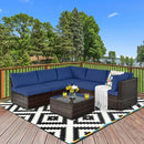 6 Pieces Patio Rattan Furniture Set with Cushions and Glass Coffee Table-Navy