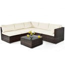 6 Pieces Patio Rattan Furniture Set with Cushions and Glass Coffee Table