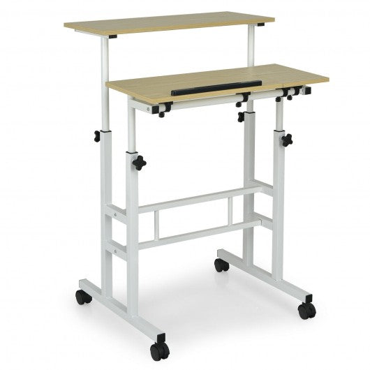 Mobile Standing up Desk Adjustable Computer Desk Tilting Workstation-Natural