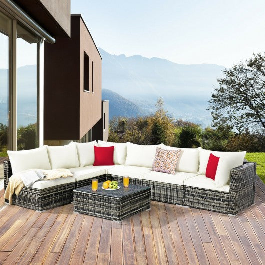 7 Pieces Patio Rattan Furniture Set Sectional Sofa Garden Cushion-White