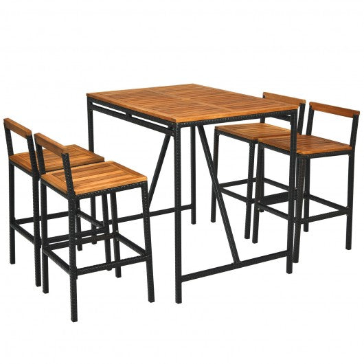 5-Piece Outdoor Acacia Wood and PE Rattan Bar Set