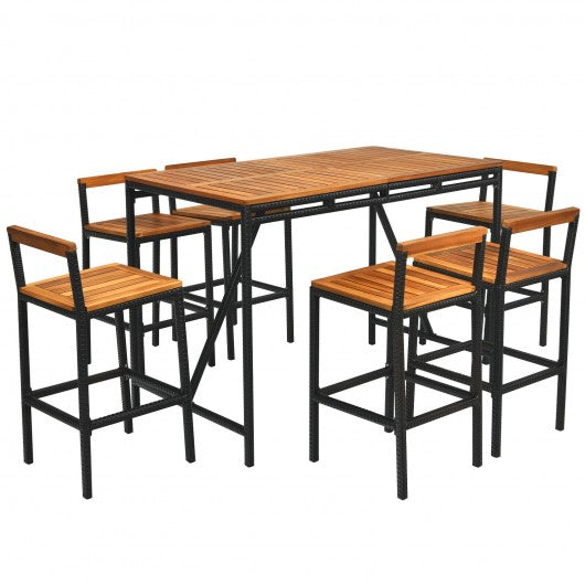 7Pcs Acacia Wood Patio Rattan Bar Set with Umbrella Hole