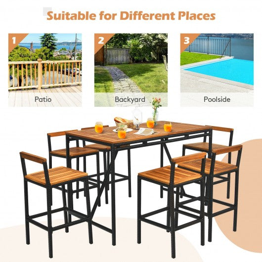 7Pcs Acacia Wood Patio Rattan Bar Set with Umbrella Hole