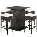 5 Pieces Patio Rattan Bar Table Stool Set Hidden Storage Shelf Cushioned