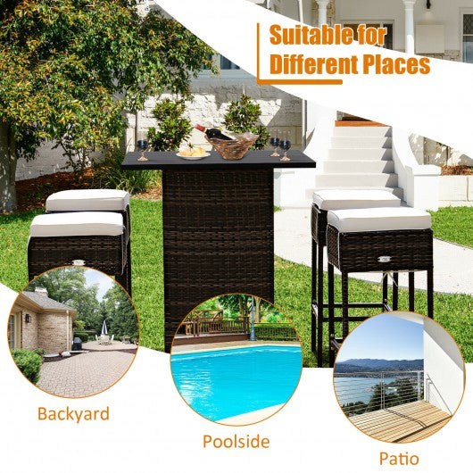 5 Pieces Patio Rattan Bar Table Stool Set Hidden Storage Shelf Cushioned