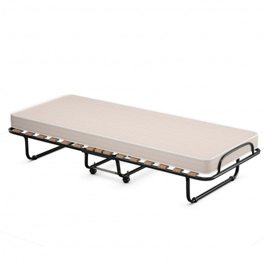 Portable Folding Bed with Foam Mattress and Sturdy Metal Frame Made in Italy-Beige