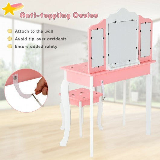 Kids Vanity Princess Makeup Dressing Table Chair Set with Tri-folding Mirror-Pink