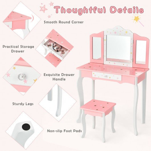 Kids Vanity Princess Makeup Dressing Table Chair Set with Tri-folding Mirror-Pink