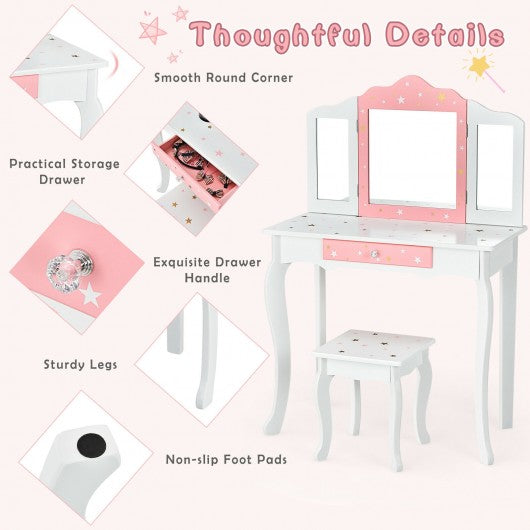 Kids Vanity Princess Makeup Dressing Table Chair Set with Tri-folding Mirror-White