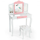 Kids Vanity Princess Makeup Dressing Table Chair Set with Tri-folding Mirror-White