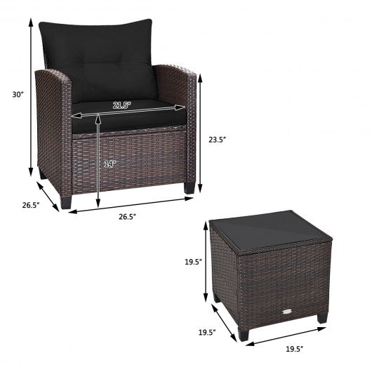 3 Pcs Patio Rattan Furniture Set Cushioned Conversation Set Coffee Table -Black