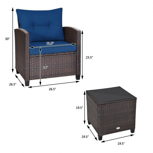 3 Pcs Patio Rattan Furniture Set Cushioned Conversation Set Coffee Table-Navy