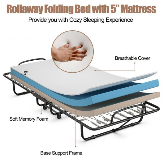 Rollaway Guest Bed with Sturdy Steel Frame and Wheels-Beige