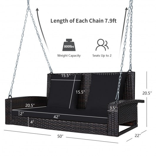 2-Person Patio Rattan Porch Swing with Cushions-Black