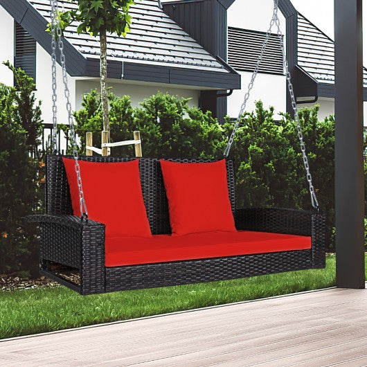 2-Person Patio Rattan Porch Swing with Cushions-Red