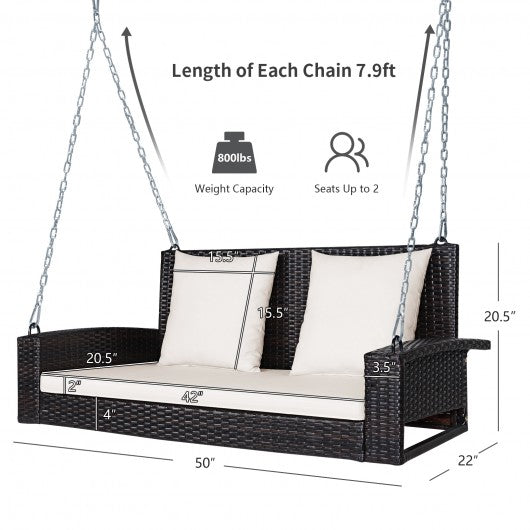 2-Person Patio Rattan Porch Swing with Cushions-White
