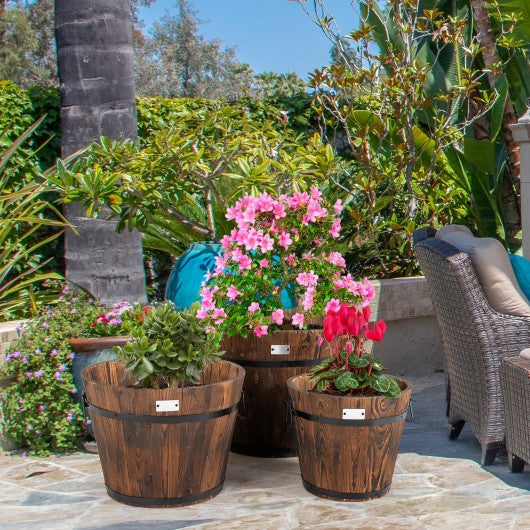3 Pieces Wooden Planter Barrel Set with Multiple Size for Decorative Flower Bed