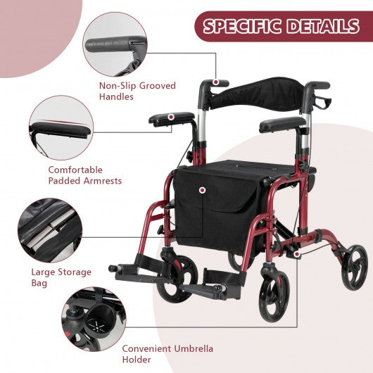 Folding Rollator Walker with Seat and Wheels Supports up to 300 lbs-Red