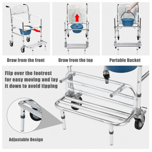 Aluminum Medical Transport Commode Wheelchair Shower Chair -White