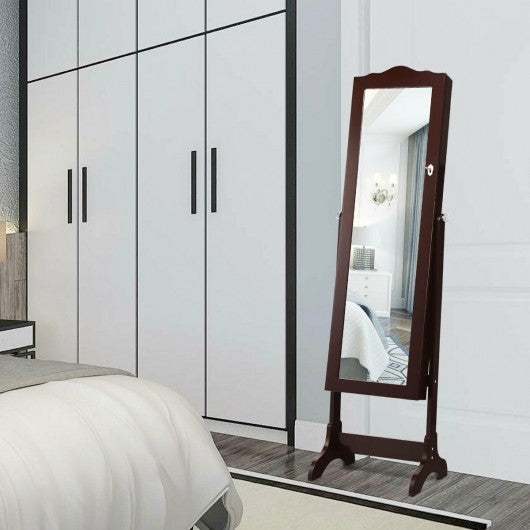 Mirrored Jewelry Cabinet Storage with Drawer and Led Lights-Coffee
