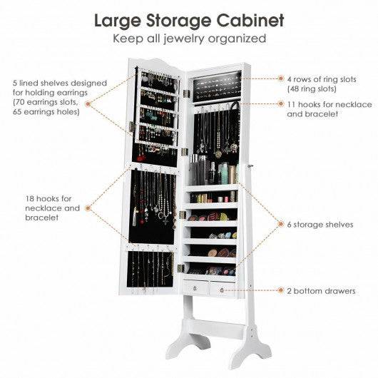 Mirrored Jewelry Cabinet Storage with Drawer and Led Lights-White