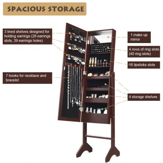 Mirrored Jewelry Cabinet Armoire Organizer w- LED lights-Brown