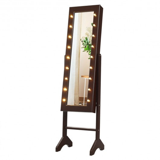 Mirrored Jewelry Cabinet Armoire Organizer w- LED lights-Brown