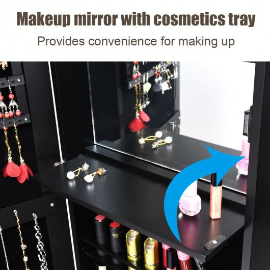 Lockable Wall Door Mounted Mirror Jewelry Cabinet w-LED Lights-Black