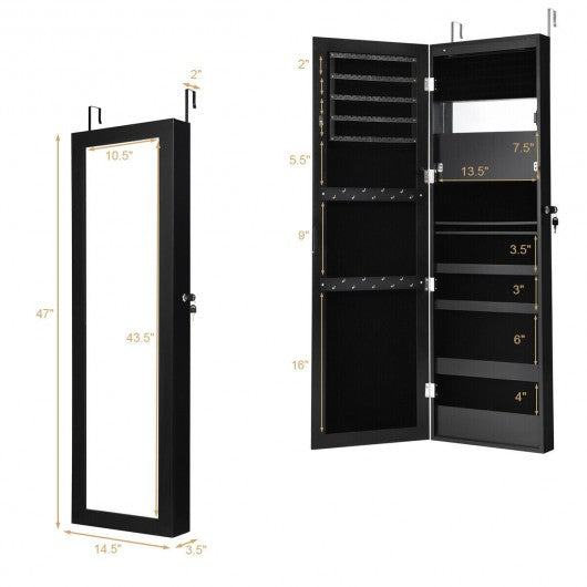 Lockable Wall Door Mounted Mirror Jewelry Cabinet w-LED Lights-Black