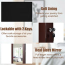 Lockable Wall Door Mounted Mirror Jewelry Cabinet w-LED Lights-Brown
