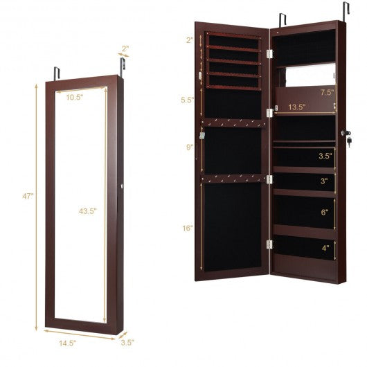 Lockable Wall Door Mounted Mirror Jewelry Cabinet w-LED Lights-Brown