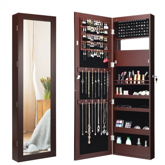 Lockable Wall Door Mounted Mirror Jewelry Cabinet w-LED Lights-Brown
