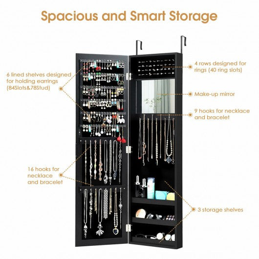 Wall Door Mounted Mirrored Jewelry Cabinet Storage Organizer-Black