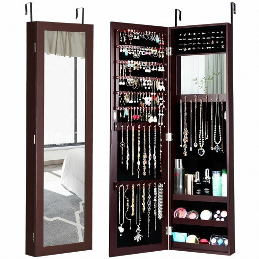 Wall Door Mounted Mirrored Jewelry Cabinet Storage Organizer-Coffee