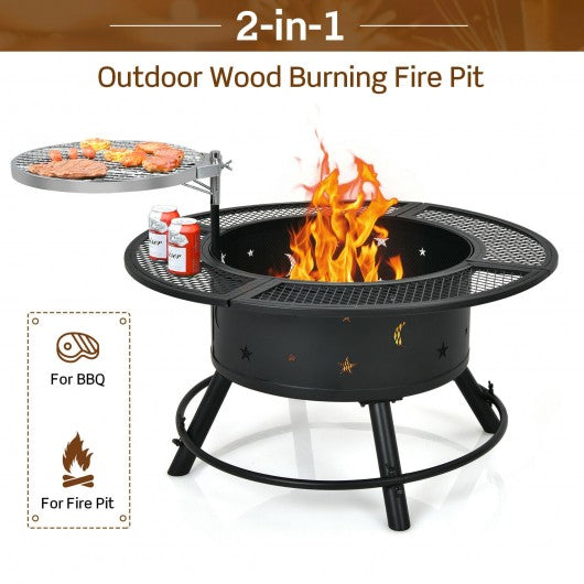 32 Inch Outdoor Wood Burning Fire Pit with Adjustable and 360°Swivel BBQ Grate