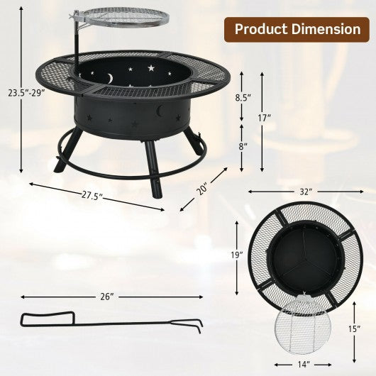 32 Inch Outdoor Wood Burning Fire Pit with Adjustable and 360°Swivel BBQ Grate