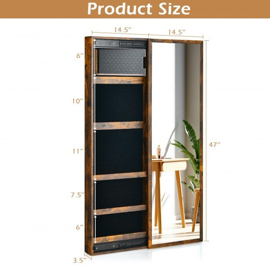 Wall Mounted Jewelry Full-Length Mirror Slide Cabinet Armoire-Rustic Brown