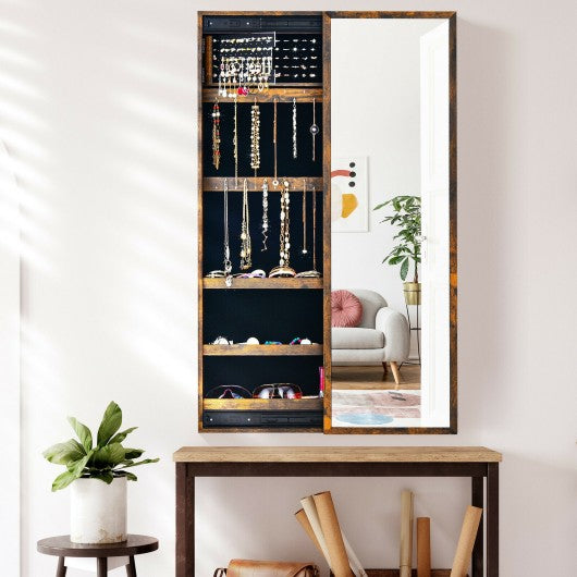 Wall Mounted Jewelry Full-Length Mirror Slide Cabinet Armoire-Rustic Brown