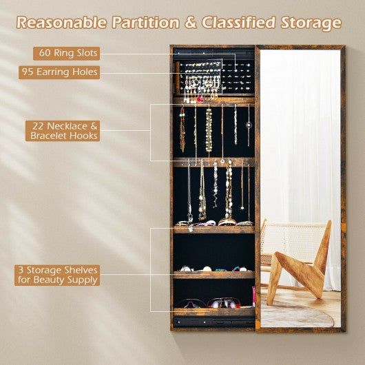 Wall Mounted Jewelry Full-Length Mirror Slide Cabinet Armoire-Rustic Brown