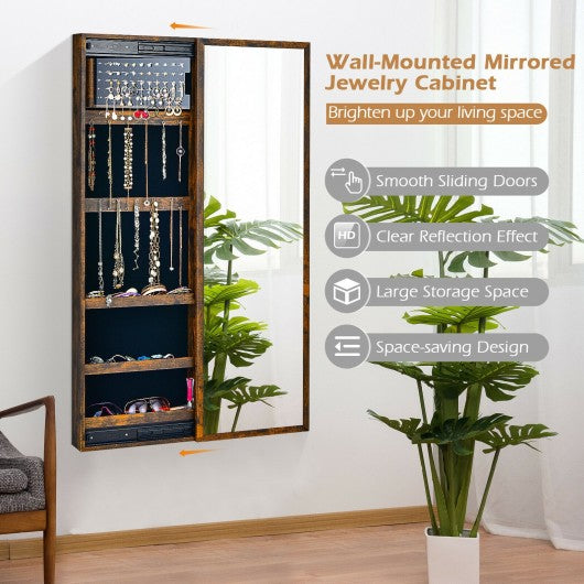 Wall Mounted Jewelry Full-Length Mirror Slide Cabinet Armoire-Rustic Brown