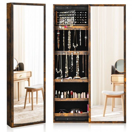 Wall Mounted Jewelry Full-Length Mirror Slide Cabinet Armoire-Rustic Brown