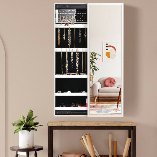 Wall Mounted Jewelry Full-Length Mirror Slide Cabinet Armoire-White