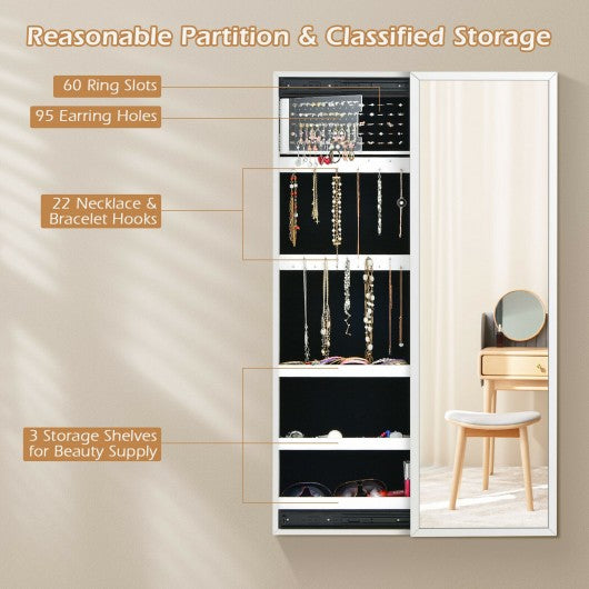 Wall Mounted Jewelry Full-Length Mirror Slide Cabinet Armoire-White