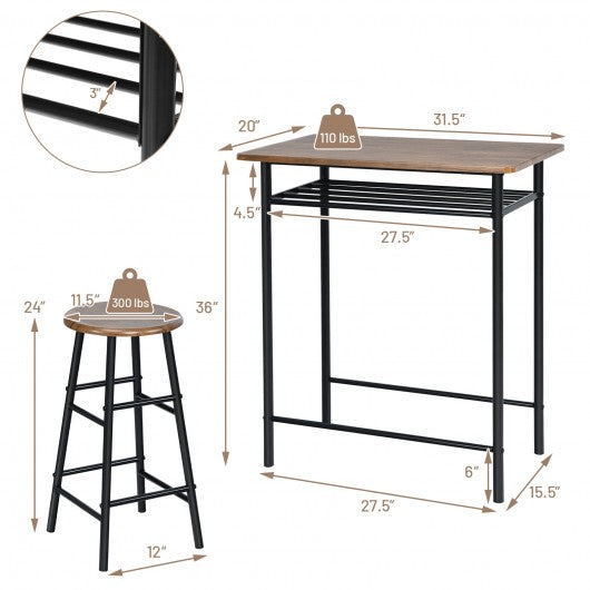 3 Pieces Bar Table Set with 2 Stools-Dark Walnut