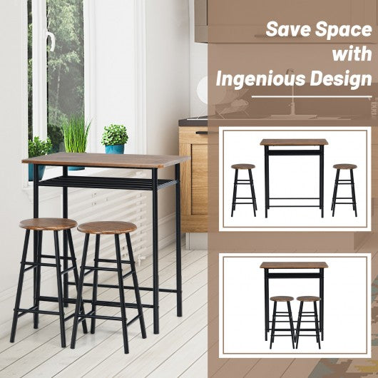 3 Pieces Bar Table Set with 2 Stools-Dark Walnut