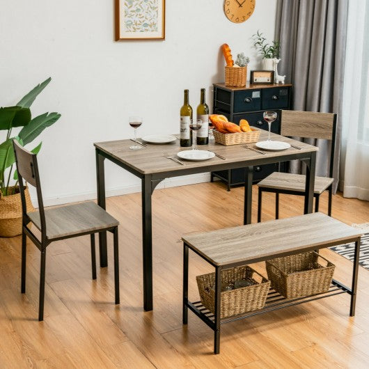4 Pieces Rustic Dining Table Set with 2 Chairs and Bench-Gray