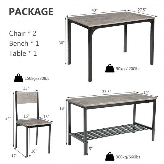 4 Pieces Rustic Dining Table Set with 2 Chairs and Bench-Gray