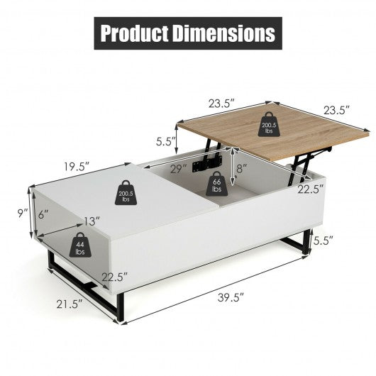 43" Lift Top Coffee Table with Storage Compartment and Metal Frame -White